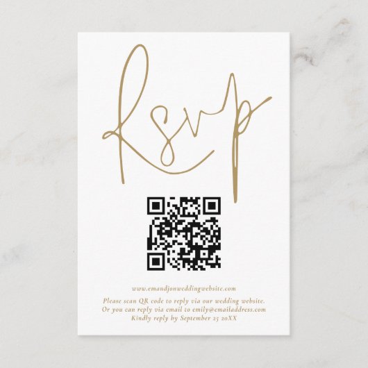 Einfache QR Code Gold Script Hochzeit RSVP Karte (Vorderseite)