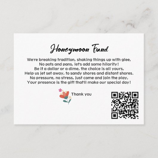 Einfache QR Code Honeymoon Fund Anfrage Hochzeit Begleitkarte (Vorderseite)
