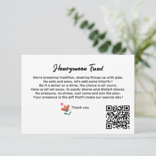 Einfache QR Code Honeymoon Fund Anfrage Hochzeit Begleitkarte (Stehend Vorderseite)