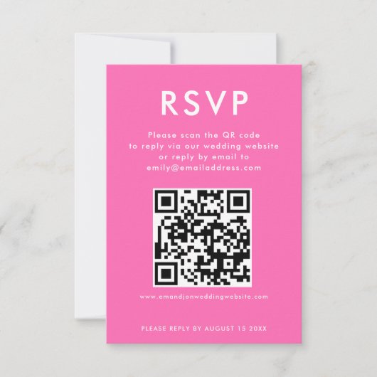 Einfache QR Code Hot Pink White Wedding RSVP Karte (Vorderseite)