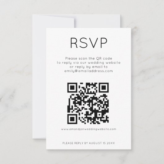 Einfache QR Code Schwarz-weiße Hochzeitkarte RSVP Einladung (Vorderseite)