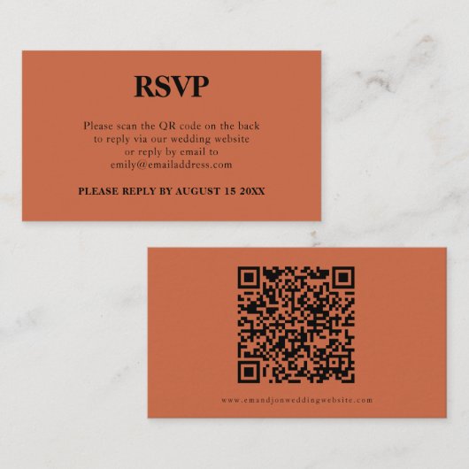 Einfache QR Code Terracotta Wedding RSVP Begleitkarte (Vorne/Hinten)