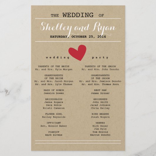 Einfache Red and Kraft Heart Wedding Program (Vorderseite)