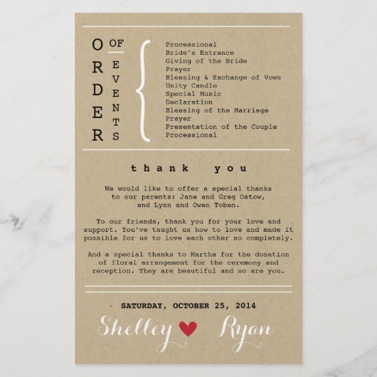 Einfache Red and Kraft Heart Wedding Program (Rückseite)