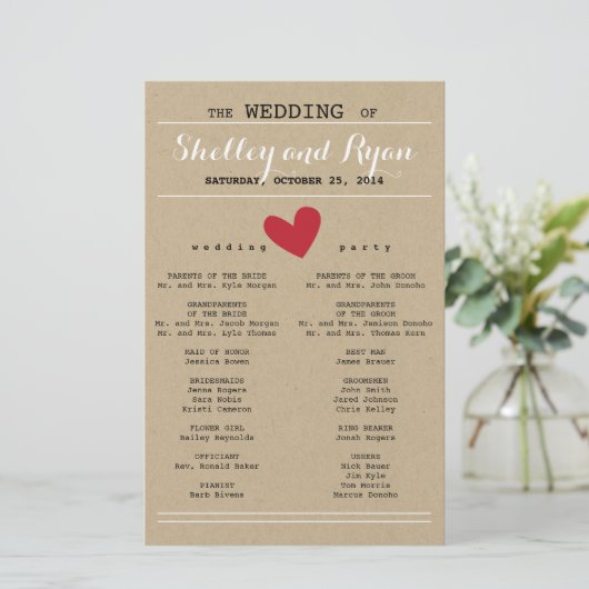 Einfache Red and Kraft Heart Wedding Program (Stehend Vorderseite)