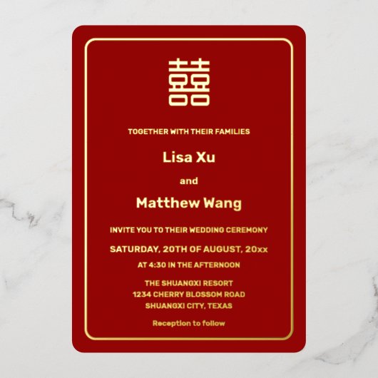 Einfache Red Gold-Hochzeit Folieneinladung (Vorderseite)