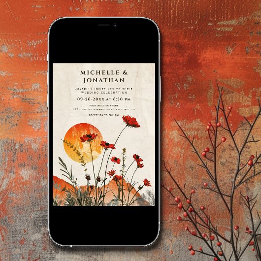 Einfache Red Poppies Boho Wildblumen Sunset Weddin Einladung