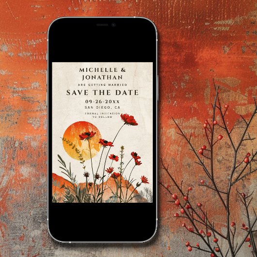 Einfache Red Poppies Boho Wildblumen Sunset Weddin Save The Date