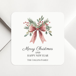 Einfache Red Ribbon Bow Watercolor Heilige Weihnac Quadratischer Aufkleber