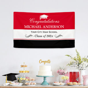 Einfache Red Schwarz-weiß Graduation Party Banner