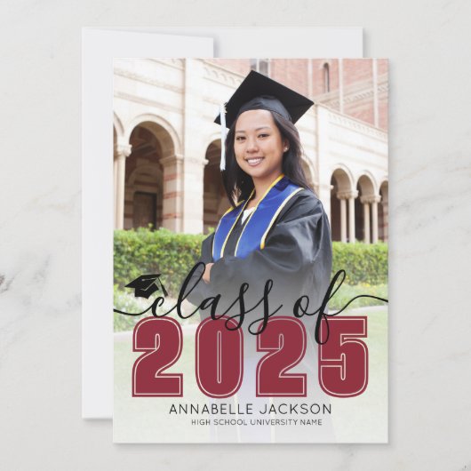 Einfache Red Script Graduate Foto Abschluss Ankündigung (Vorderseite)