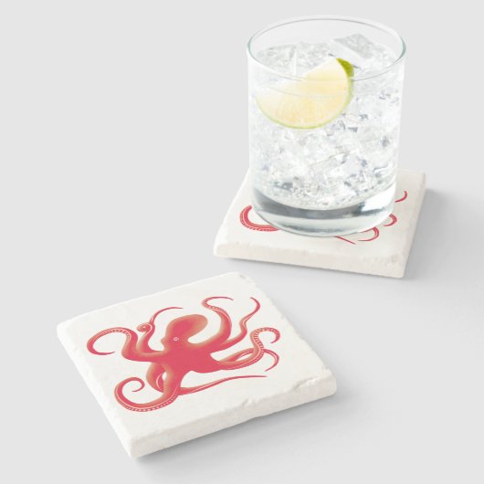 Einfache Red Vector Art Octopus Silhouette Steinuntersetzer (Seitenansicht)