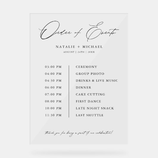 Einfache Reihenfolge der Veranstaltungen Hochzeits Acrylschild (Vorderseite)