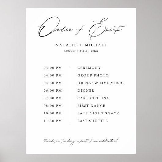 Einfache Reihenfolge der Veranstaltungen Hochzeits Poster (Vorne)
