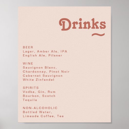 Einfache Retro | Blush Pink Wedding Drinks Menü-Ze Poster (Vorne)