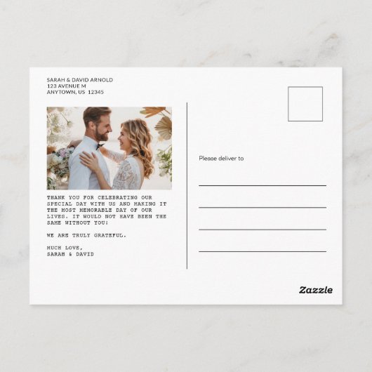 Einfache Retro Classic Foto Hochzeit Vielen Dank Postkarte (Rückseite)