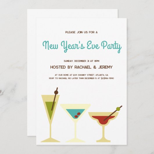 Einfache Retro-Cocktail Silvesterabend-Party Einladung (Vorne/Hinten)