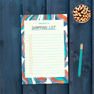Einfache Retro-Groovy- Einkaufsliste mit blauen Li Post-it Klebezettel