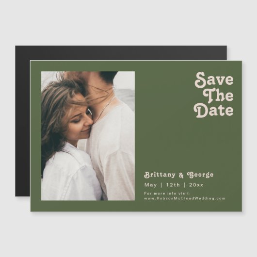 Einfache Retro Olive Green Save the Date Magneteinladung (Vorne/Hinten)