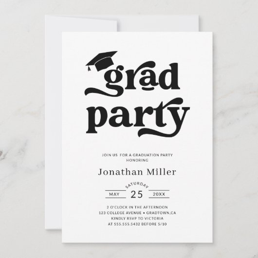 Einfache Retro-Schwarz-Weiß-Graduierungsparty Einladung (Vorderseite)