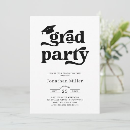 Einfache Retro-Schwarz-Weiß-Graduierungsparty Einladung (Stehend Vorderseite)