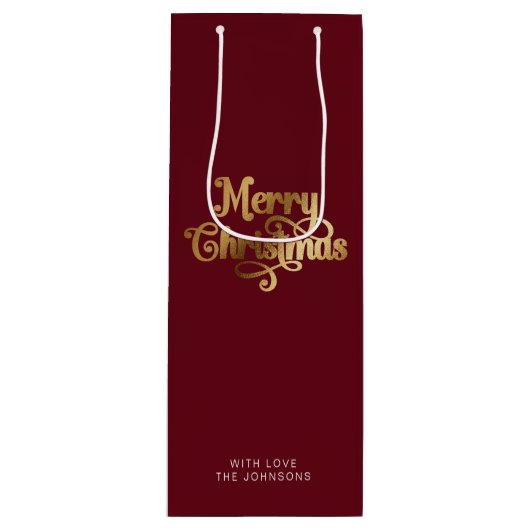 Einfache Retro Script Red Gold Frohe Weihnachten Geschenktüte Für Weinflaschen (Vorderseite)