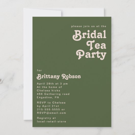 Einfache Retro-Vibes | Olive Green Bridal Tee Part Einladung (Vorderseite)
