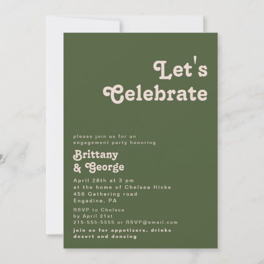 Einfache Retro-Vibes | Olive Green Let's Celebrate Einladung (Vorderseite)