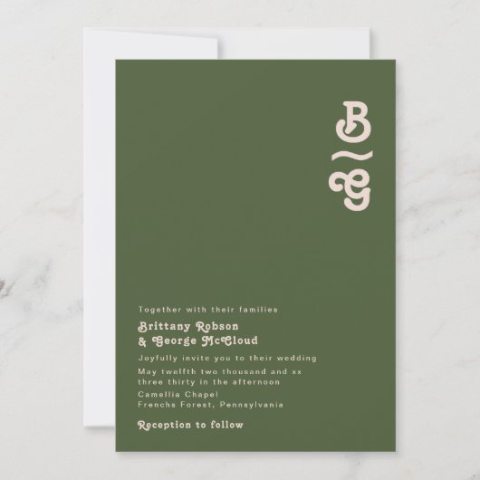 Einfache Retro-Vibes | Olive Green Monogram Weddin Einladung (Vorderseite)