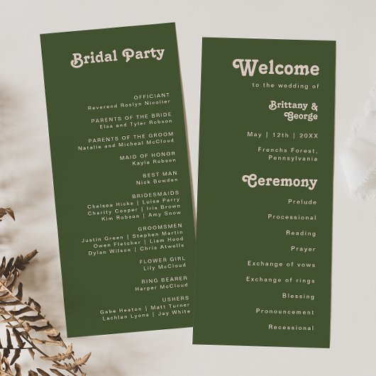 Einfache Retro-Vibes | Oliven-grüne Hochzeitsprogr Programm