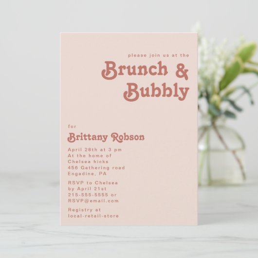 Einfache Retro-Vibes | Rosa Brunch und Bubbly Einladung (Stehend Vorderseite)