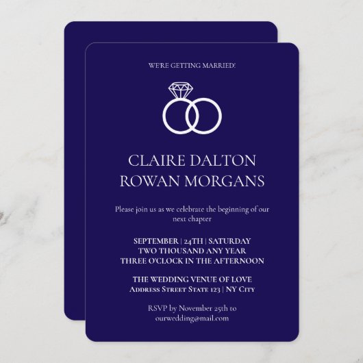 Einfache Rings Blue Wedding Einladung (Vorne/Hinten)