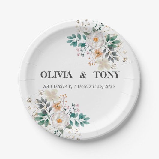 Einfache romantische Blumenhochzeit Pappteller (Vorderseite)