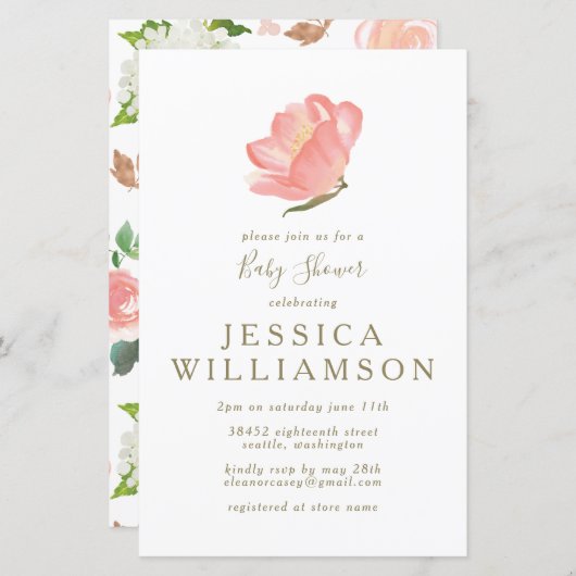 Einfache Rosa Blumendusche Einladung (Vorne/Hinten)
