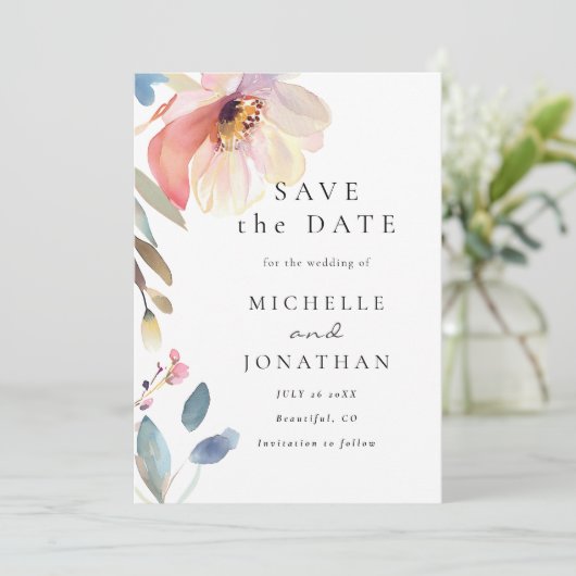 Einfache Rosa Blush Blume Moderne Christliche Hoch Save The Date (Stehend Vorderseite)