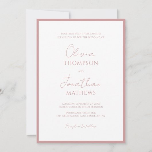 Einfache, rosa Border Script Hochzeit Einladung (Vorderseite)