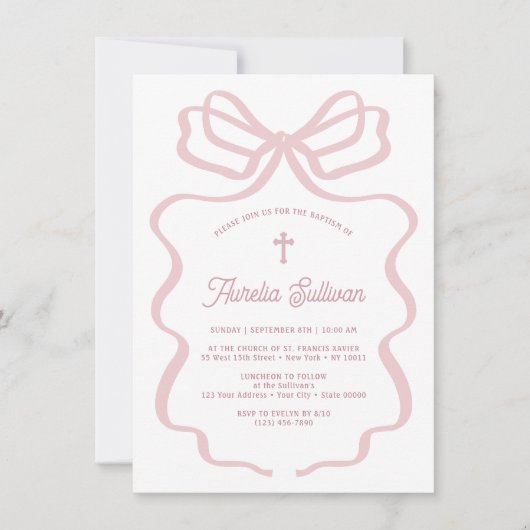 Einfache Rosa-Bow-Taufe Einladung (Vorderseite)