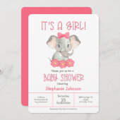 Einfache rosa Elephant Girl Watercolor Babydusche Einladung (Vorne/Hinten)