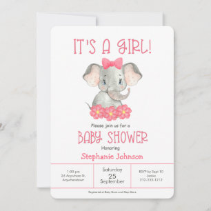 Einfache rosa Elephant Girl Watercolor Babydusche Einladung