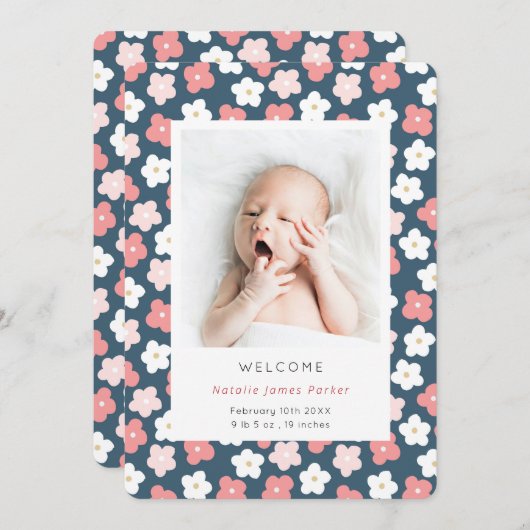 Einfache Rosa Floral Wasserfarbe Niedliche Geburt Ankündigung (Vorne/Hinten)