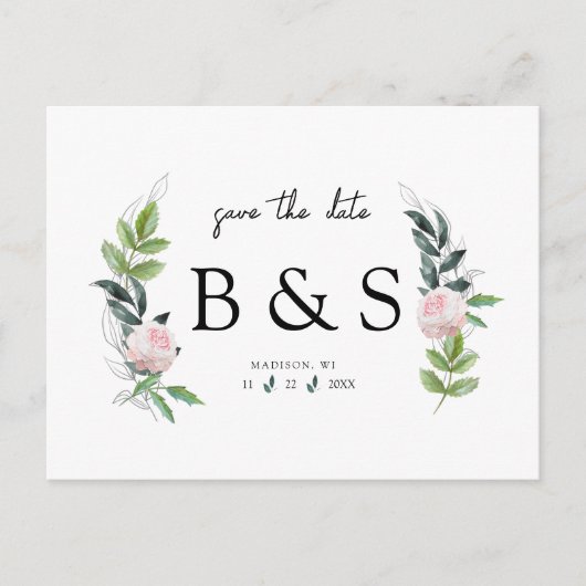 Einfache rosa florale Monogramm Hochzeit speichern Postkarte (Vorderseite)