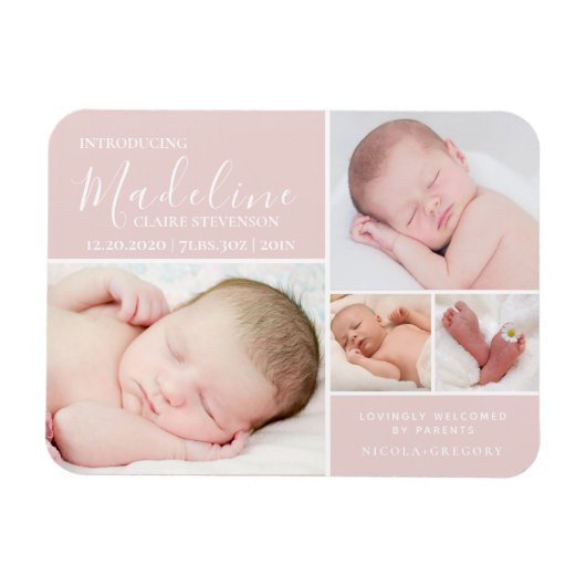 Einfache Rosa Foto Collage Baby Girl Birth Magnet (Horizontal)