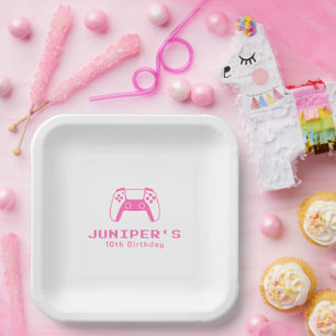 Einfache rosa Geburtstagsfeier für Gamer Girl Pappteller