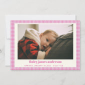 Einfache rosa Kariert Baby Foto Custom Birth Annou Ankündigung (Vorderseite)