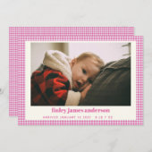 Einfache rosa Kariert Baby Foto Custom Birth Annou Ankündigung (Vorne/Hinten)