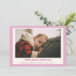 Einfache rosa Kariert Baby Foto Custom Birth Annou Ankündigung