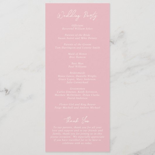 Einfache rosa Moderne Hochzeit Programm (Rückseite)