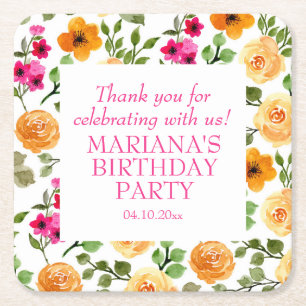 Einfache rosa-orange Blumenparty-Geschenke zum Geb Rechteckiger Pappuntersetzer