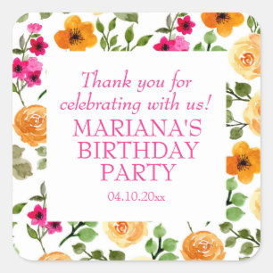 Einfache Rosa Orange Floral Geburtstagsparty Gefal Quadratischer Aufkleber