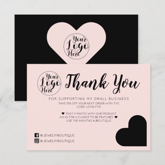 Einfache Rosa-Schwarz-Herz-Logo-Kunde Vielen Dank Dankeskarte (Vorne/Hinten)